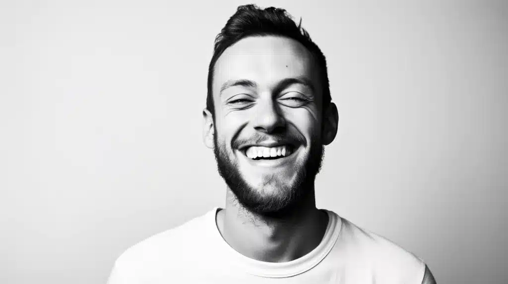 Smiling bearded man in a white shirt against a plain light background.