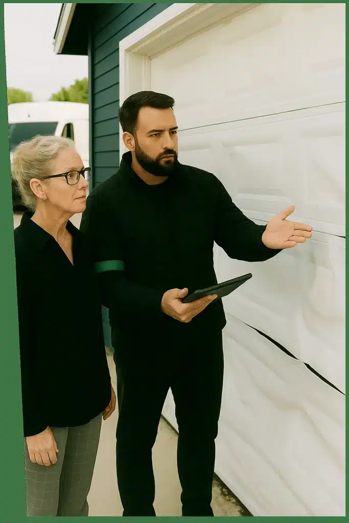 Technician with a green armband showing damaged garage door to a woman outside her home.