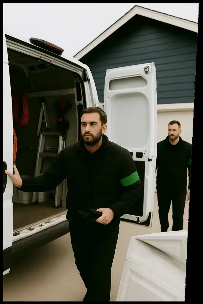 Two workers in black jackets with green armbands unloading equipment from a white van in a residential driveway.